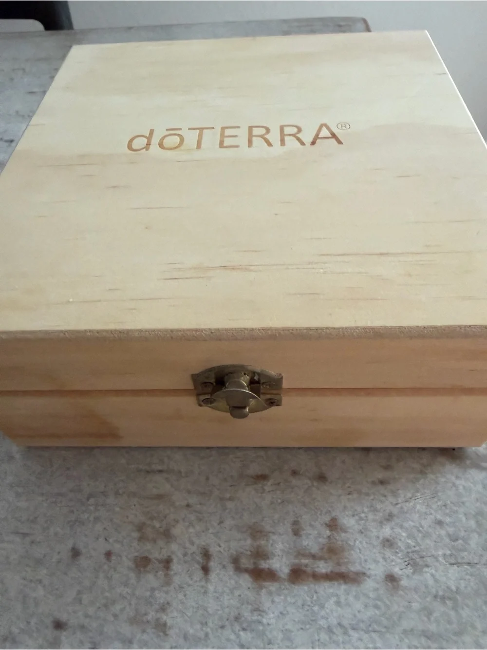 Doterra Light Wood Storage Box with Brass Latch, stickers included.